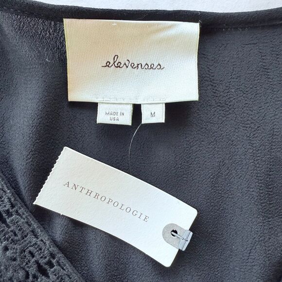 NWT Anthropologie Elevenses Lace-Trimmed Romper 3/4 Sleeves V-Neck in Black Sz M - Picture 7 of 15
